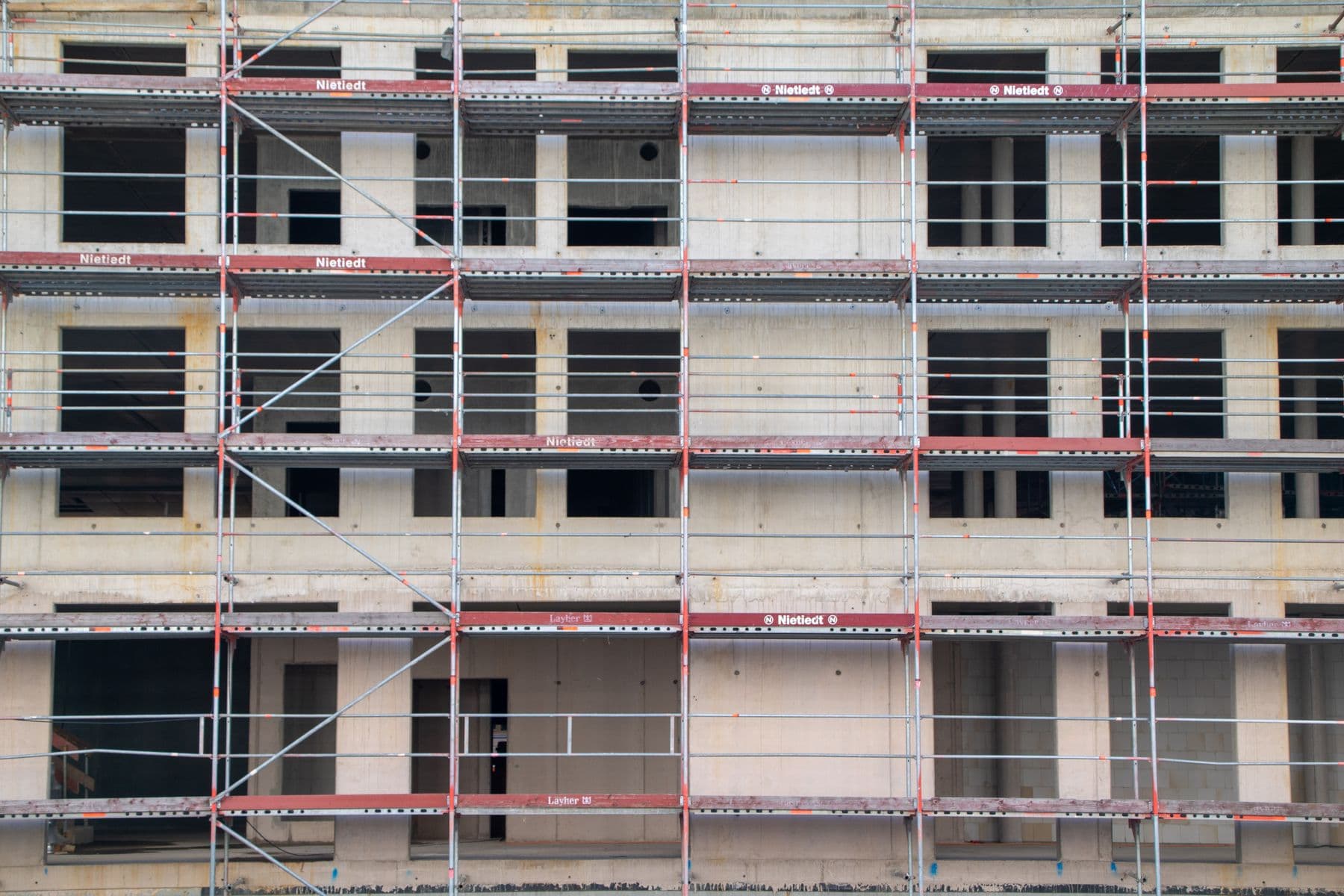 Scaffolding across the face of a building under construction in Hamburg.